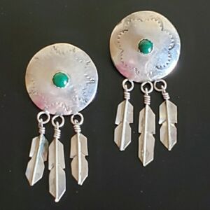 Vintage Native American Malachite Sterling Silver Earrings 2.5"